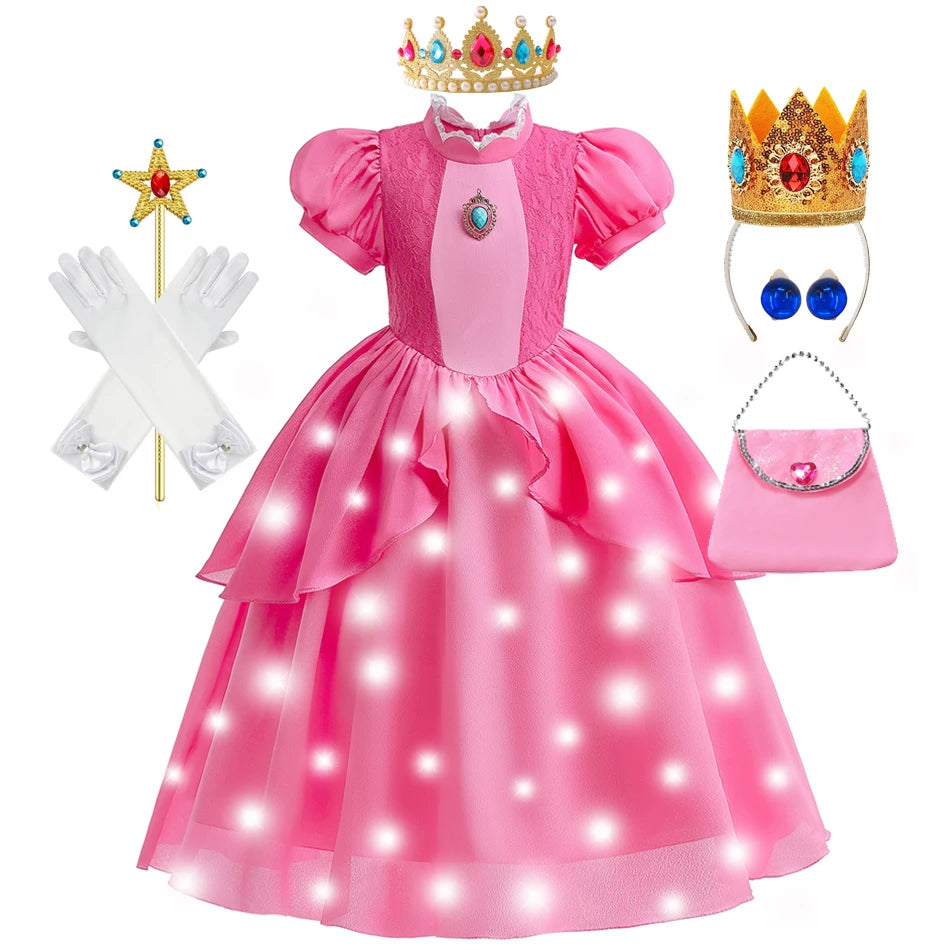 Girls Princess Dress Peach Cosplay Costume Children Halloween Christmas LED Light Disguise Kids Pink Birthday New Vestidos Party