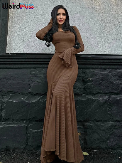 Weird Puss Ribbed Elegant Dress Women O-Neck Solid Flared Sleeve Lace-Up Ruffles Hem Street Trend Stretch Classic Long Bodycon