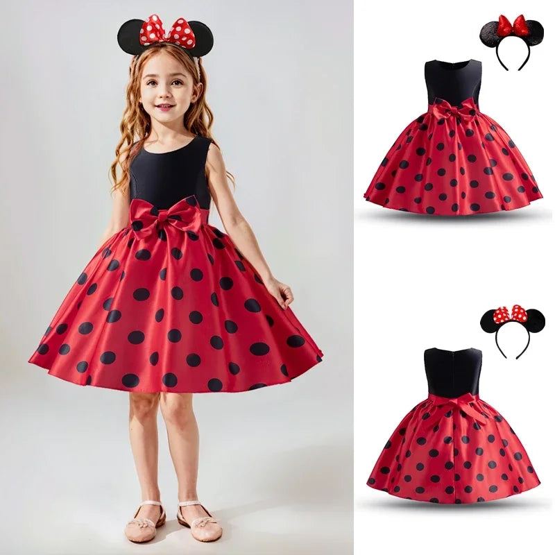 Elegant Girl Princess Dress Kids Red Christmas Polka Dot Dress Baby Birthday Party New Costume 2024 Carnival Clothes for 3-8Yrs