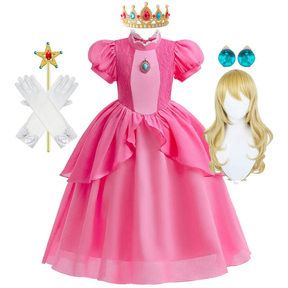Girls Princess Dress Peach Cosplay Costume Children Halloween Christmas LED Light Disguise Kids Pink Birthday New Vestidos Party