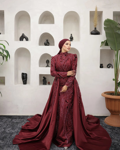 FATAPAESE Muslim Evening Dress Illusion Neckline Full Sleeve Side Slit Maxi Skirt Special Occasion Gown لباس_ماکسی لباس_شب_ترک
