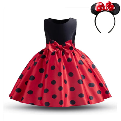Elegant Girl Princess Dress Kids Red Christmas Polka Dot Dress Baby Birthday Party New Costume 2024 Carnival Clothes for 3-8Yrs