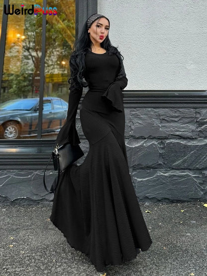 Weird Puss Ribbed Elegant Dress Women O-Neck Solid Flared Sleeve Lace-Up Ruffles Hem Street Trend Stretch Classic Long Bodycon