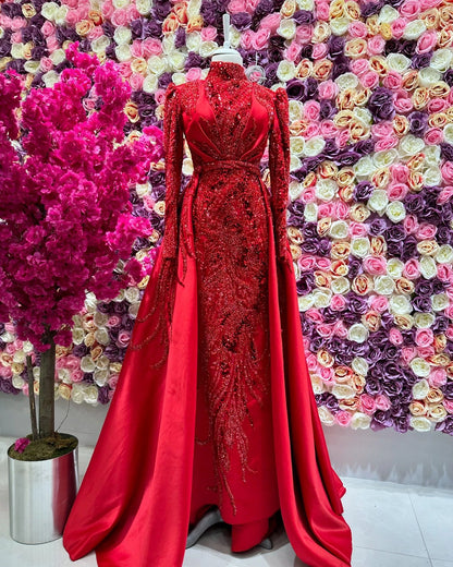 FATAPAESE Muslim Evening Dress Illusion Neckline Full Sleeve Side Slit Maxi Skirt Special Occasion Gown لباس_ماکسی لباس_شب_ترک