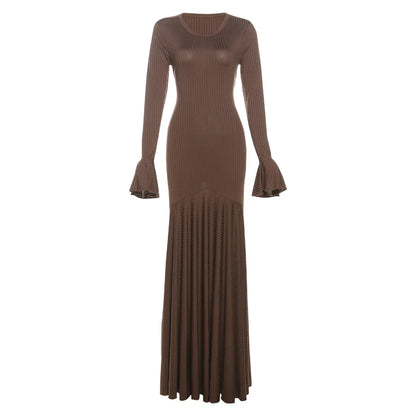 Weird Puss Ribbed Elegant Dress Women O-Neck Solid Flared Sleeve Lace-Up Ruffles Hem Street Trend Stretch Classic Long Bodycon