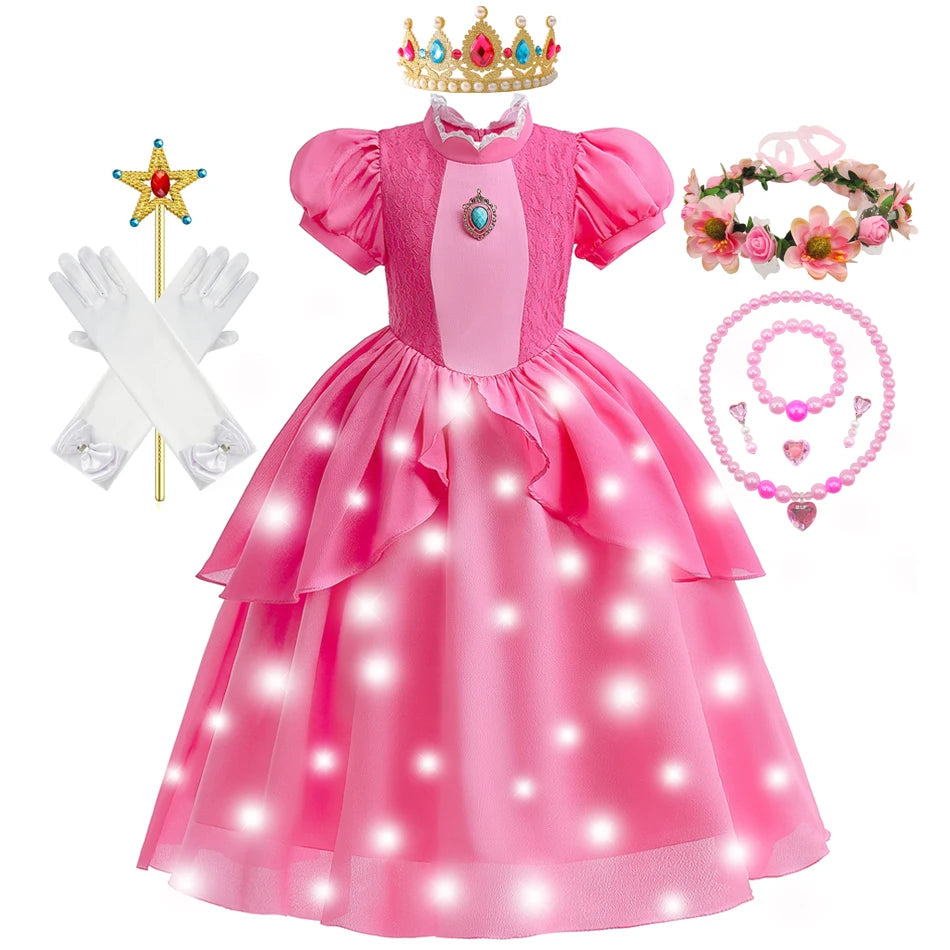 Girls Princess Dress Peach Cosplay Costume Children Halloween Christmas LED Light Disguise Kids Pink Birthday New Vestidos Party