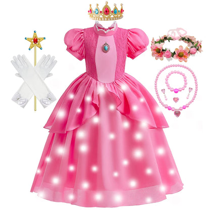 Girls Princess Dress Peach Cosplay Costume Children Halloween Christmas LED Light Disguise Kids Pink Birthday New Vestidos Party