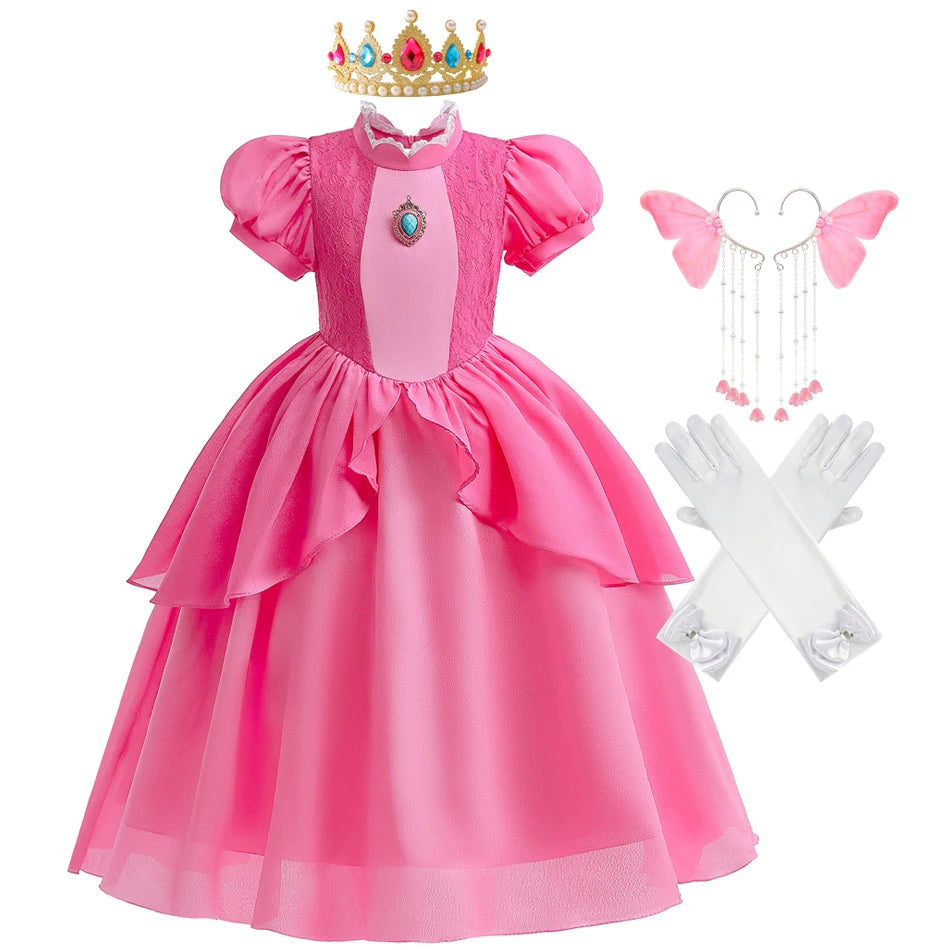 Girls Princess Dress Peach Cosplay Costume Children Halloween Christmas LED Light Disguise Kids Pink Birthday New Vestidos Party