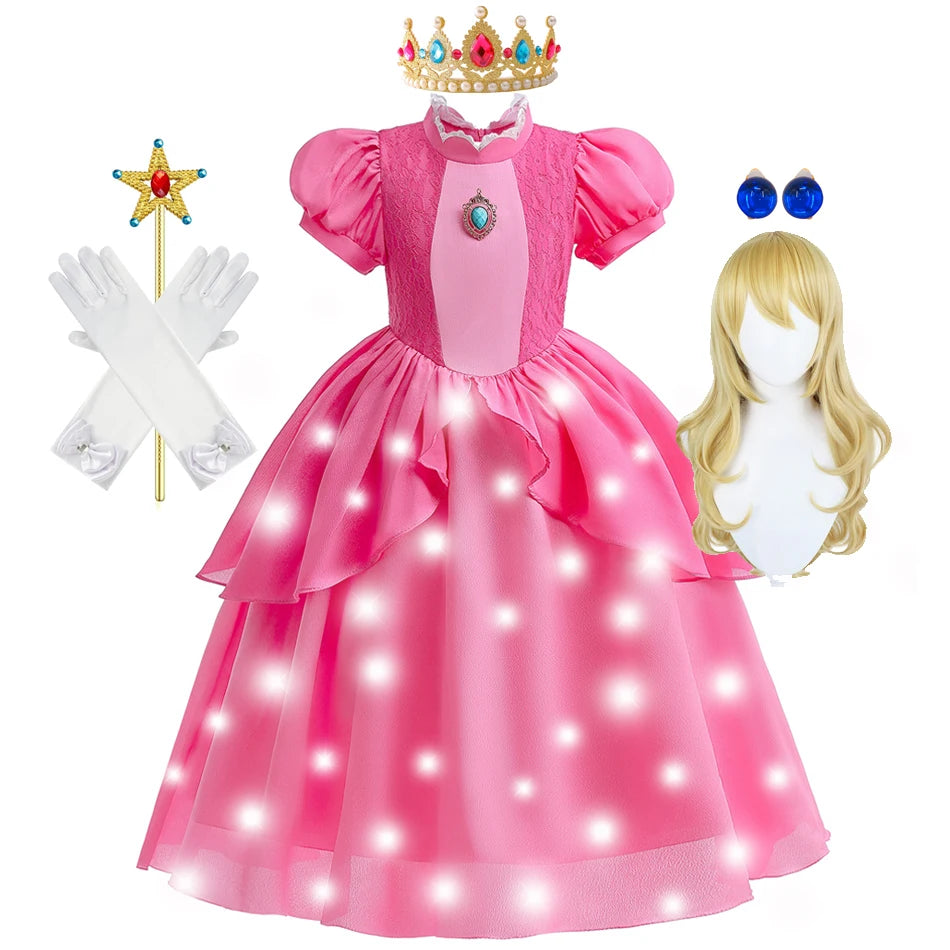 Girls Princess Dress Peach Cosplay Costume Children Halloween Christmas LED Light Disguise Kids Pink Birthday New Vestidos Party