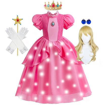 Girls Princess Dress Peach Cosplay Costume Children Halloween Christmas LED Light Disguise Kids Pink Birthday New Vestidos Party