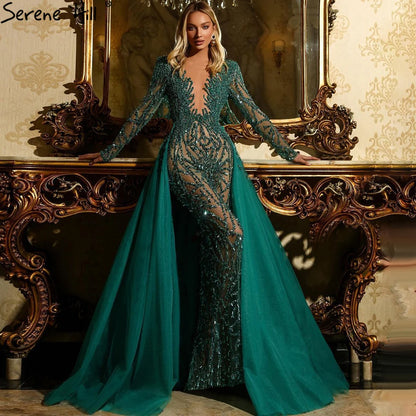 Muslim Green With Train Mermaid Beaded Elegant Luxury Evening Dresses Gowns 2025 For Women Party LA71107 Customized