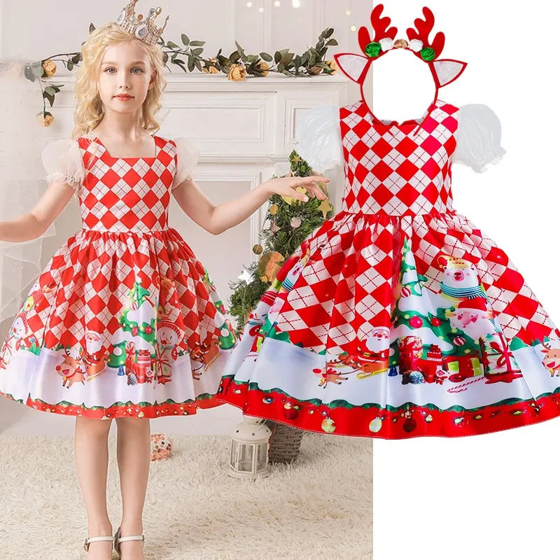Elegant Girl Princess Dress Kids Red Christmas Polka Dot Dress Baby Birthday Party New Costume 2024 Carnival Clothes for 3-8Yrs