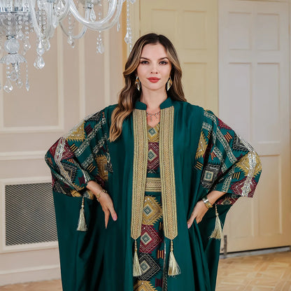 Ramadan Muslim Embroidery Open Abaya Women Luxury Evening Dress 2 Piece Set Dubai Turkey High Quality Formal Party Vestidos Gown