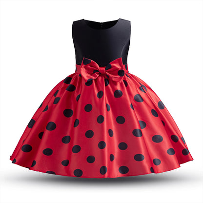 Elegant Girl Princess Dress Kids Red Christmas Polka Dot Dress Baby Birthday Party New Costume 2024 Carnival Clothes for 3-8Yrs