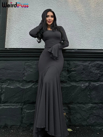 Weird Puss Ribbed Elegant Dress Women O-Neck Solid Flared Sleeve Lace-Up Ruffles Hem Street Trend Stretch Classic Long Bodycon