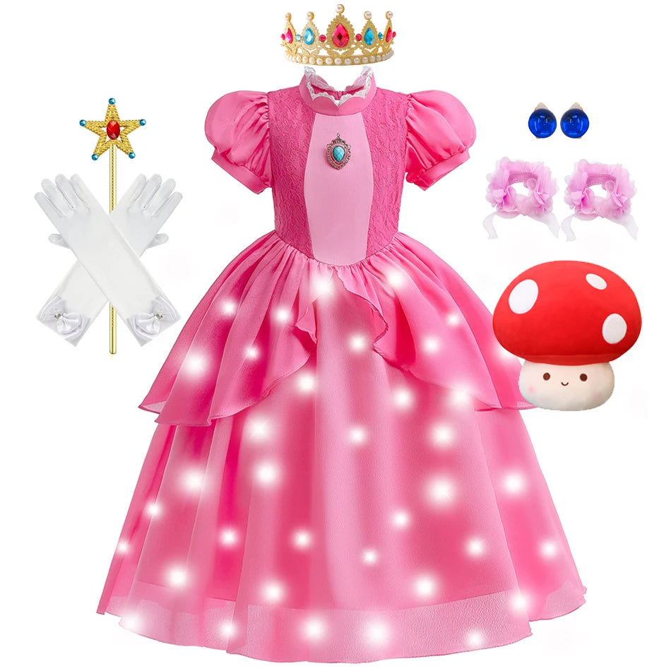 Girls Princess Dress Peach Cosplay Costume Children Halloween Christmas LED Light Disguise Kids Pink Birthday New Vestidos Party