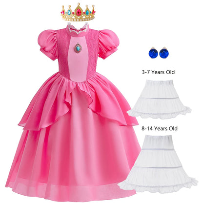 Girls Princess Dress Peach Cosplay Costume Children Halloween Christmas LED Light Disguise Kids Pink Birthday New Vestidos Party