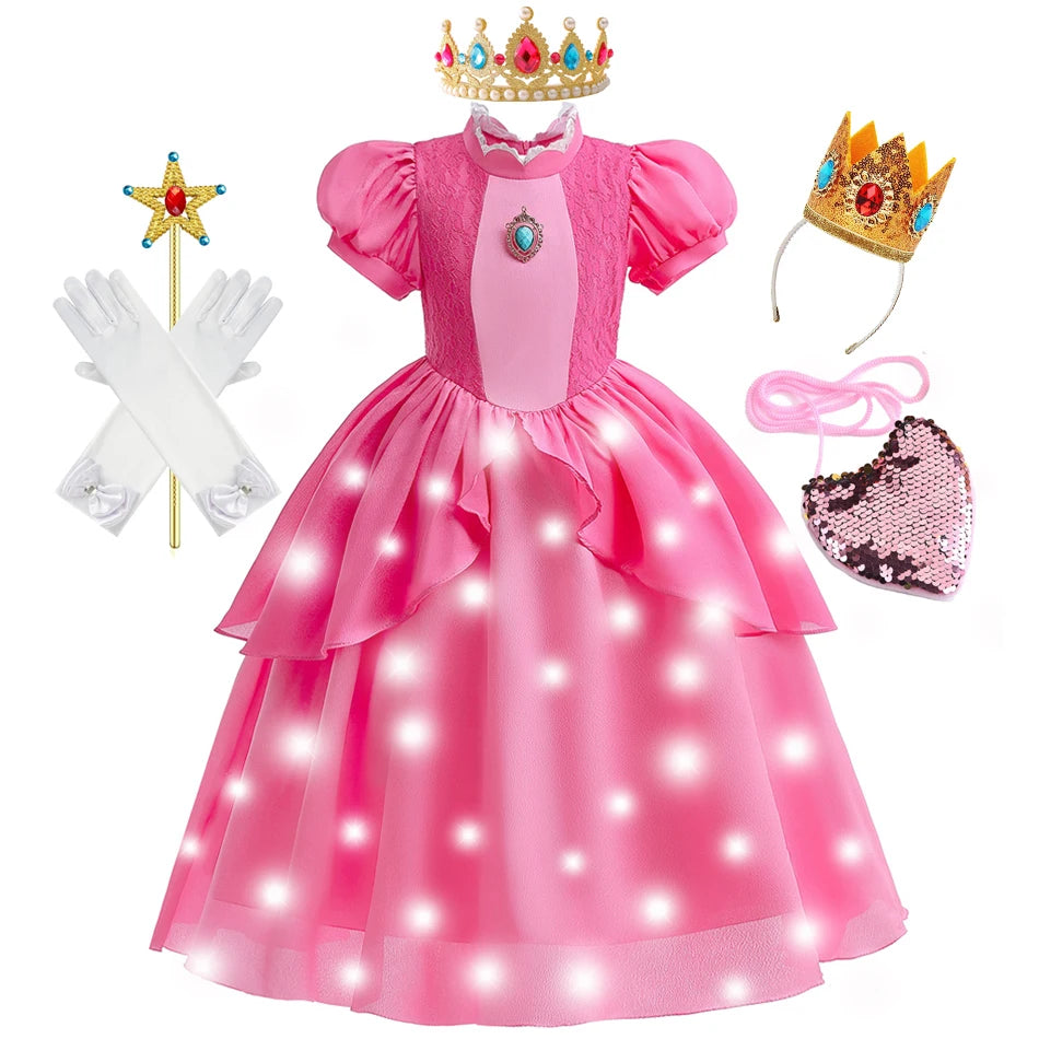 Girls Princess Dress Peach Cosplay Costume Children Halloween Christmas LED Light Disguise Kids Pink Birthday New Vestidos Party