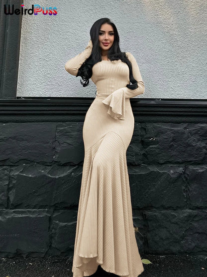 Weird Puss Ribbed Elegant Dress Women O-Neck Solid Flared Sleeve Lace-Up Ruffles Hem Street Trend Stretch Classic Long Bodycon