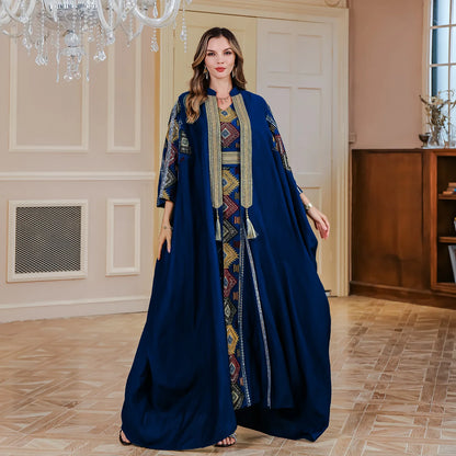 Ramadan Muslim Embroidery Open Abaya Women Luxury Evening Dress 2 Piece Set Dubai Turkey High Quality Formal Party Vestidos Gown