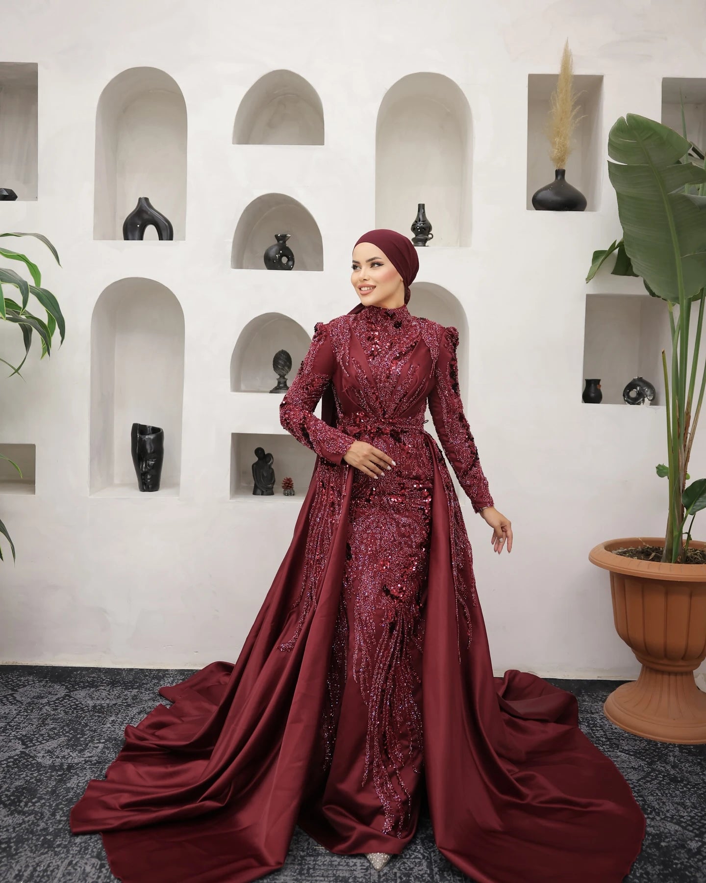 FATAPAESE Muslim Evening Dress Illusion Neckline Full Sleeve Side Slit Maxi Skirt Special Occasion Gown لباس_ماکسی لباس_شب_ترک